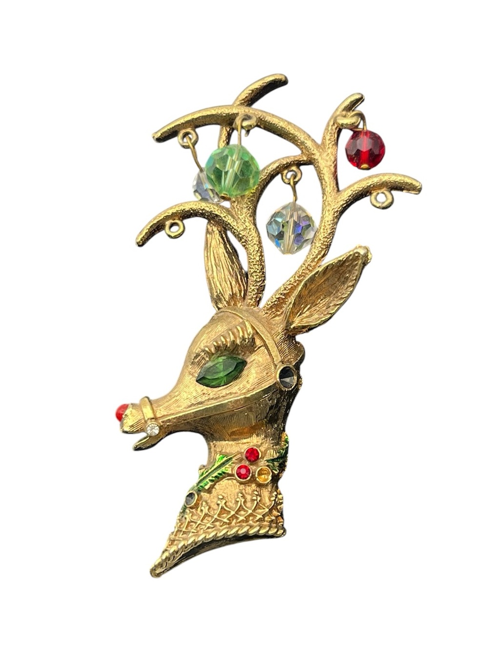 MYLU Christmas reindeer red & green beaded rhinestone gold tone brooch pin